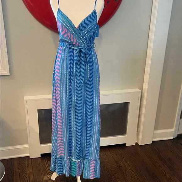 NWT Cupshe Moonlit Stroll Boho Blue & Pink Striped Maxi Wrap Dress Coverup, S - Picture 2 of 7